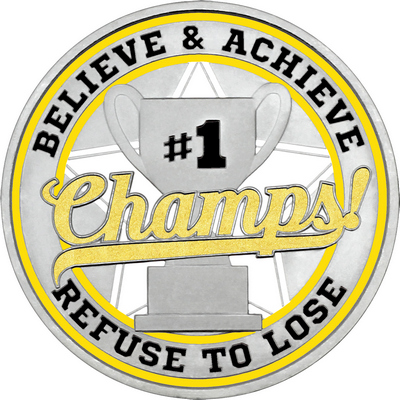 Gold "Champs!" with Yellow Outer Circular Borders